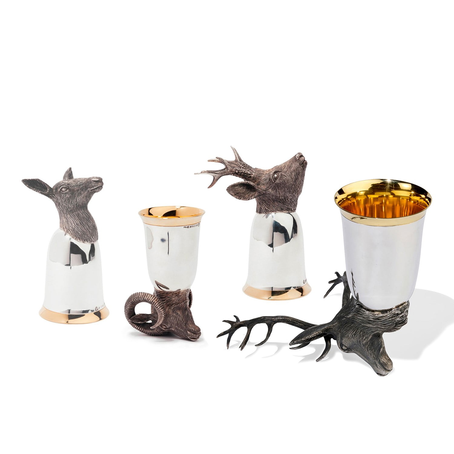 UMKEHRBECHER 4 Umkehrbecher mit Tieren in Sterlingsilber.